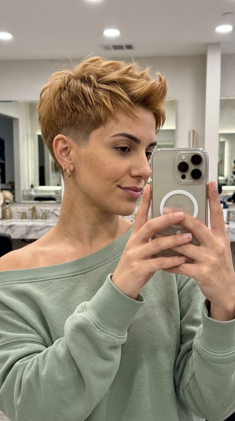 short deep butterscotch golden blonde pixie haircut with textured layers and choppy fringe for edgy nights
