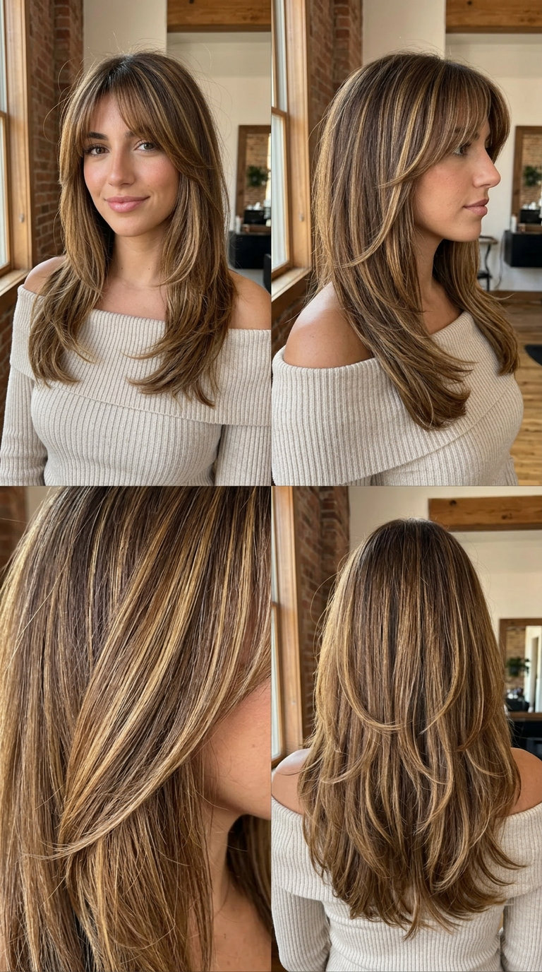 long layered haircut with warm caramel balayage, wispy Birkin bangs, and face-framing layers for date night