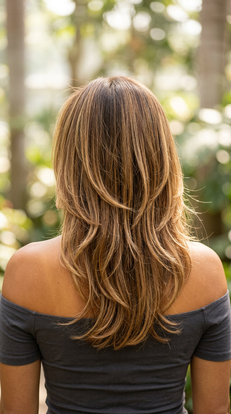 medium butterfly haircut with caramel balayage and golden blonde highlights for summer