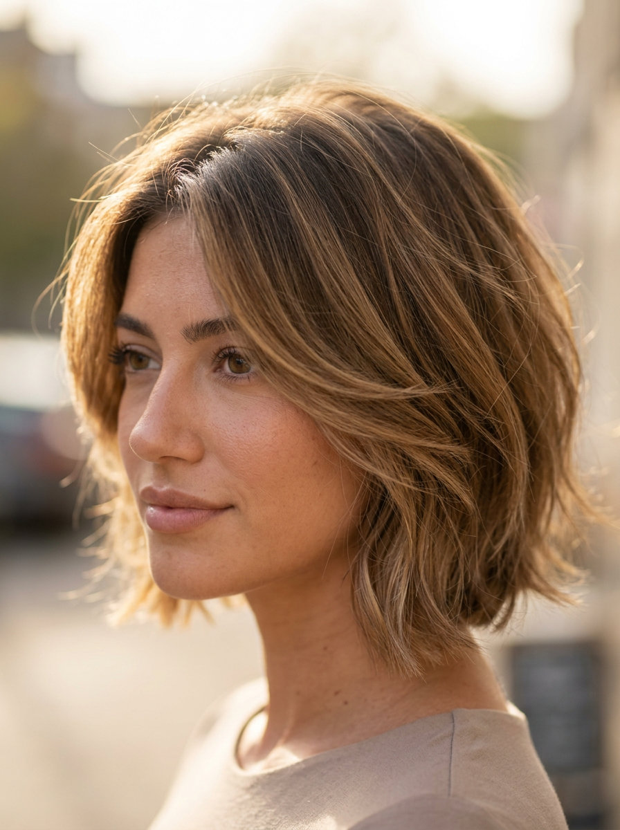 short caramel blonde bixie haircut with golden highlights and face-framing layers for brunch