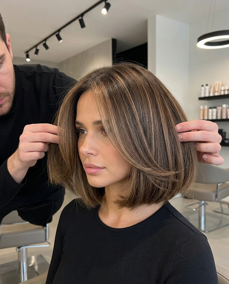 chin-length italian bob caramel babylights with mocha brunette & creamy caramel, fine babylights, no bangs — sophisticated professional look