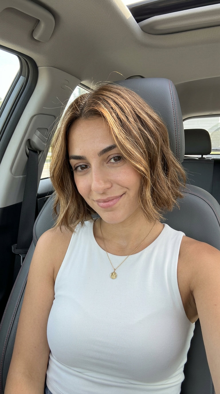 short french bob haircut in soft caramel brown with golden babylights, point-cut edge, face-framing pieces — effortless beach vacation