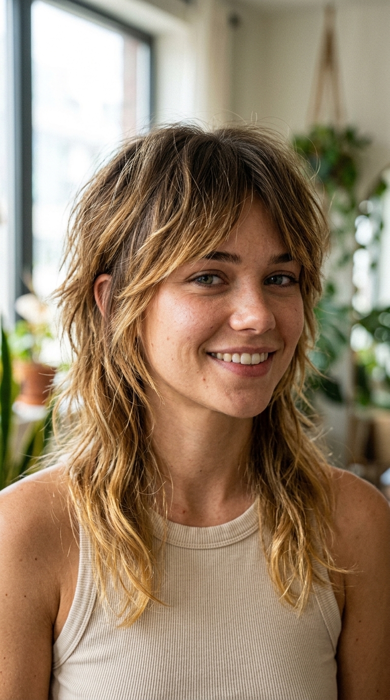 Caramel Ombré Mullet 2026: Sun-Kissed Nomad medium-long choppy mullet with caramel golden ombré, soft layers, face-framing pieces — bohemian festival look
