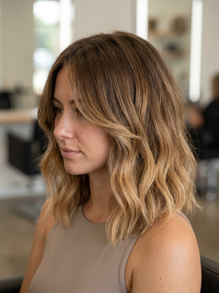 collarbone-length layered bob with warm brown to honey blonde ombré, blended layers, no fringe — bohemian relaxed