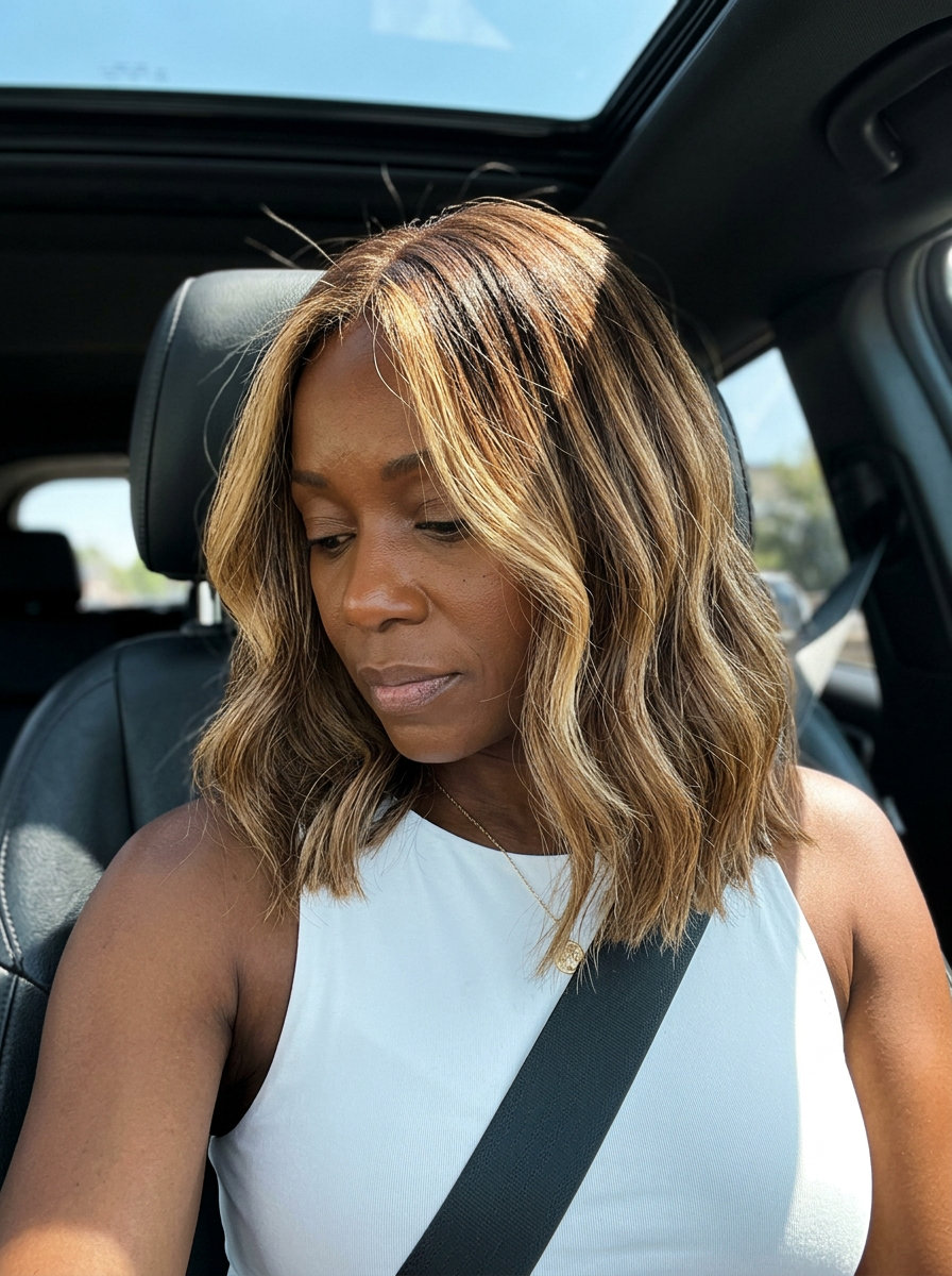 collarbone midi haircut with warm caramel honey balayage, face-framing highlights — bohemian chic and sun-kissed