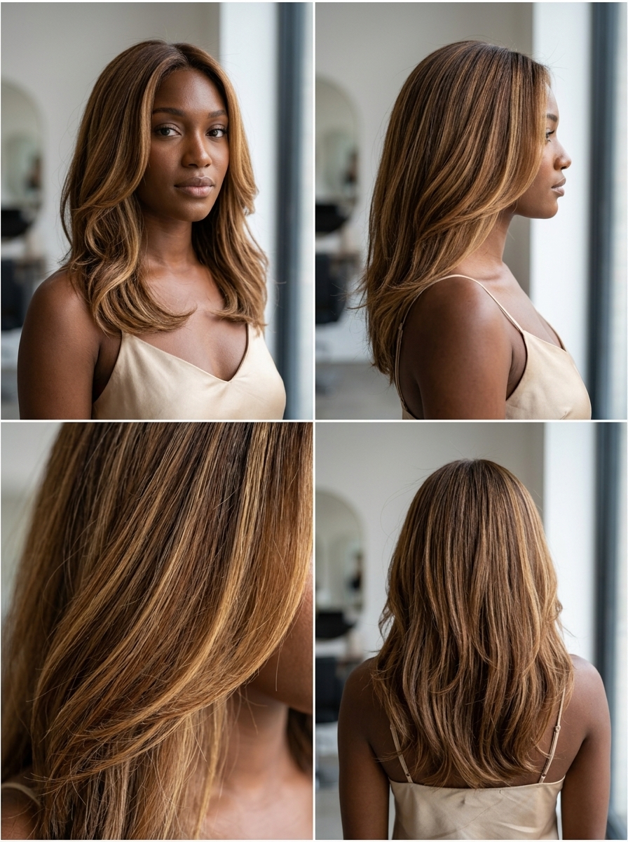 long caramel balayage with golden blonde, diffused root, no fringe — luminous summer look