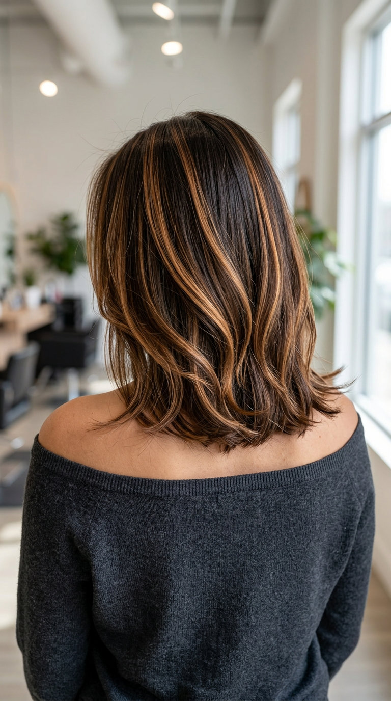 long bob caramel ribbon hair color with deep brunette & golden caramel, chunky ribbons, side-swept fringe — modern office wear