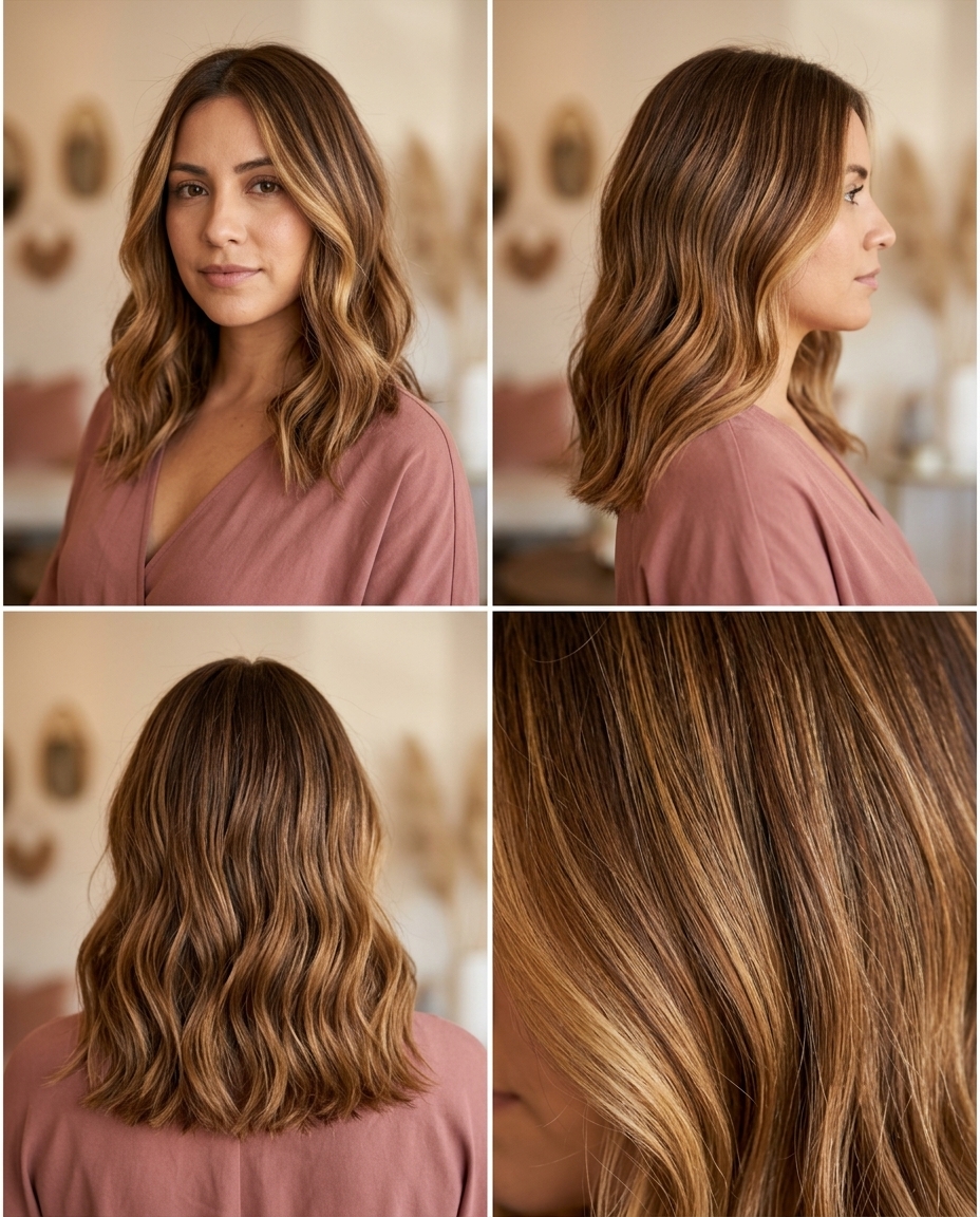 Honey Glazed Brunette Balayage 2026 long caramel brunette balayage with honey-gold highlights for soft sun-kissed look