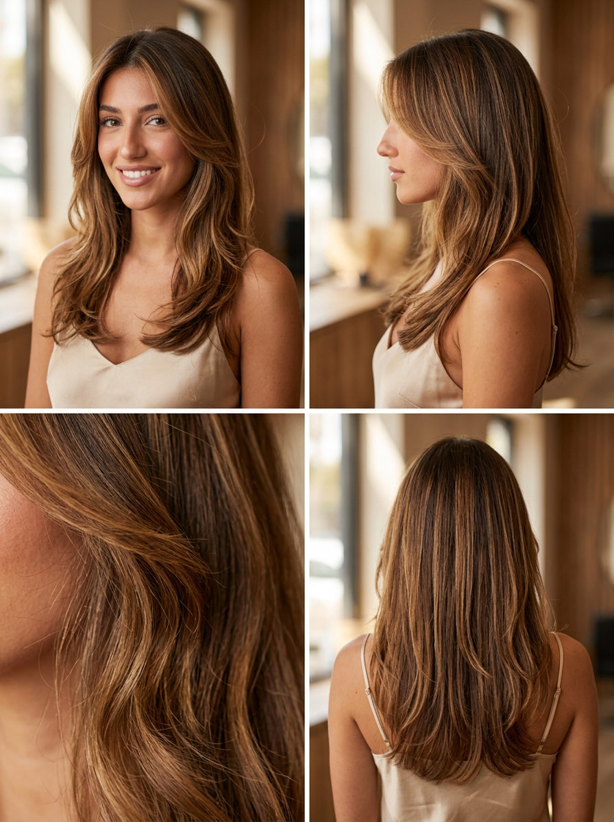long layered haircut with warm caramel balayage and honey undertones — bohemian