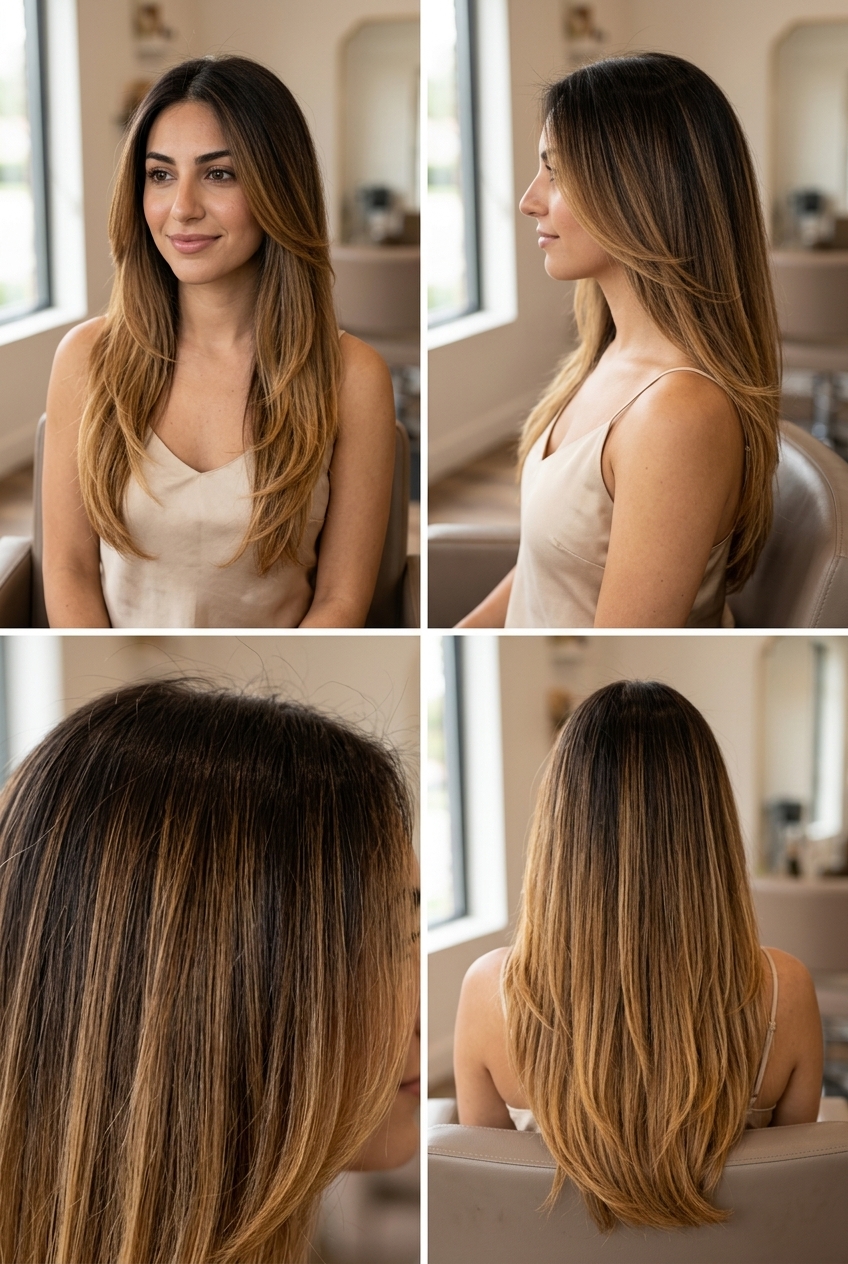 long layered caramel ombré with deep brunette to golden honey melt for date night