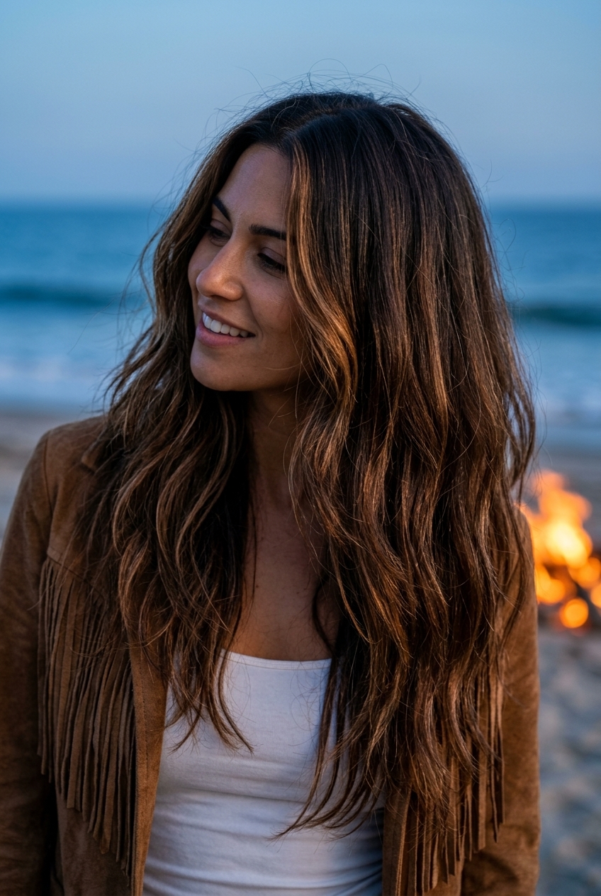 long layered haircut with caramel balayage and face-framing for summer