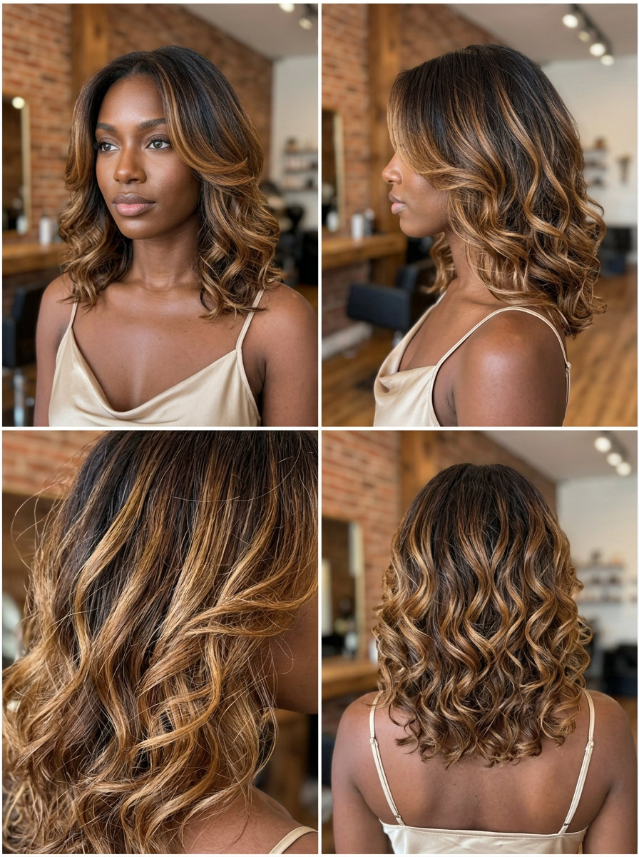 long caramel ombré on curly dark brown hair with golden honey for sun-kissed