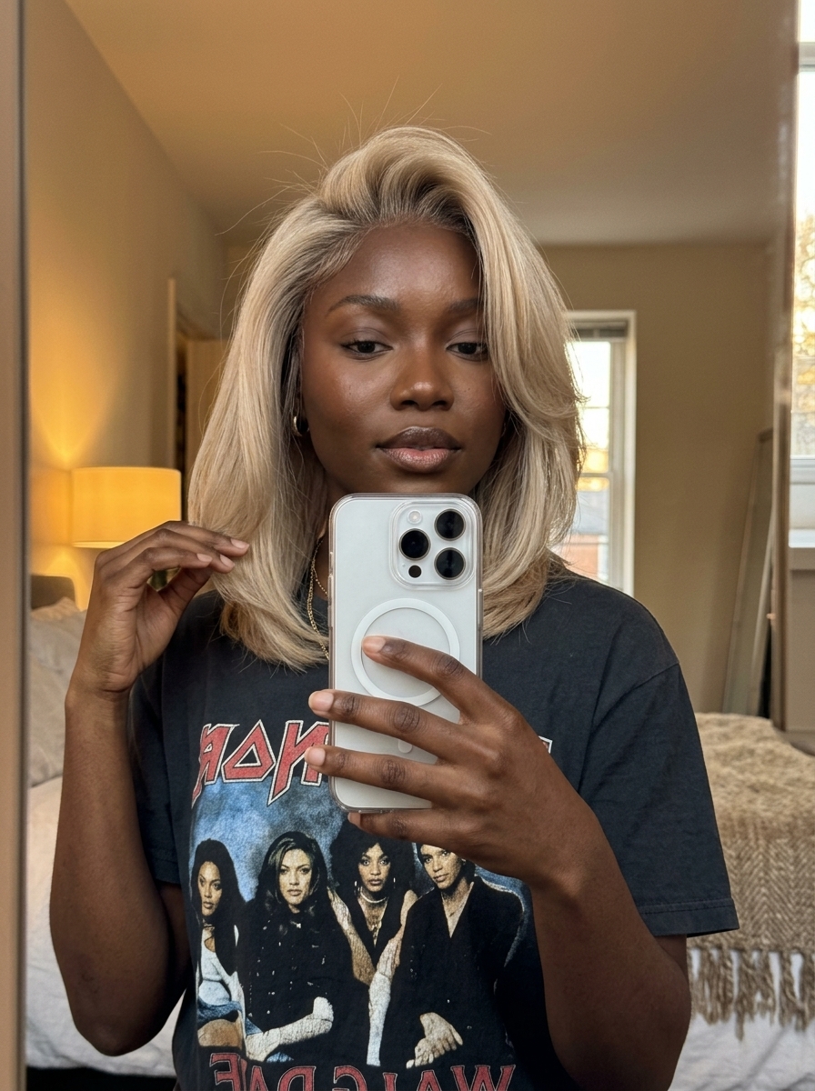 long champagne blonde global hair with soft root smudge and subtle beige undertones for summer