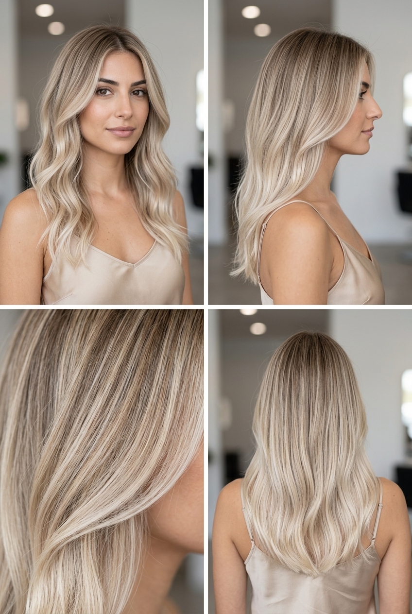 long champagne blonde foilayage ombre with pearl tones, luxurious icy beige for bridal showers