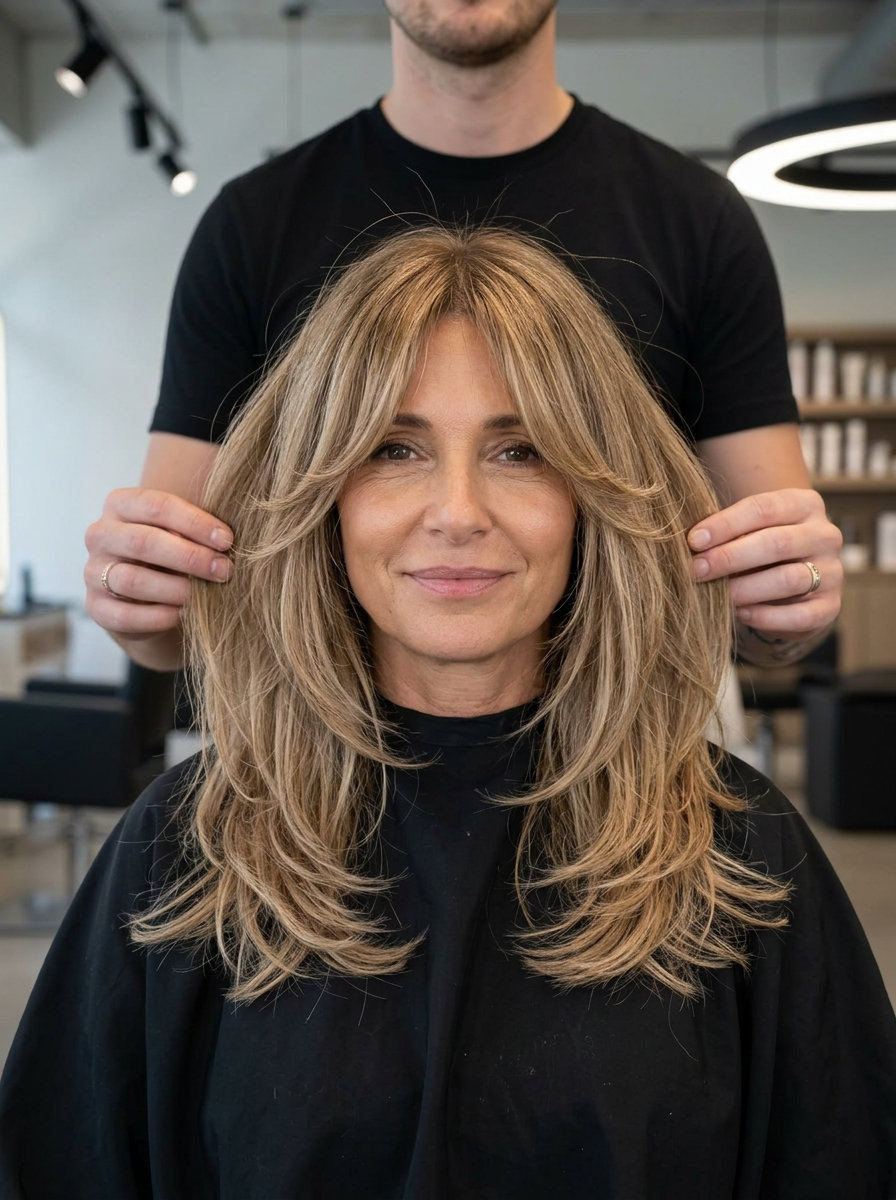 collarbone shag haircut with champagne balayage and curtain bangs — bohemian summer look