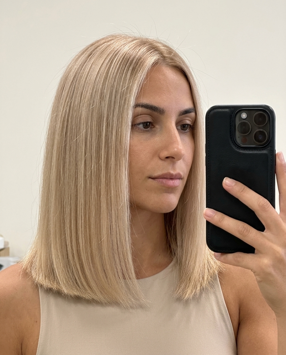 mid-length blunt cut with sheer champagne gold gloss for sophisticated look