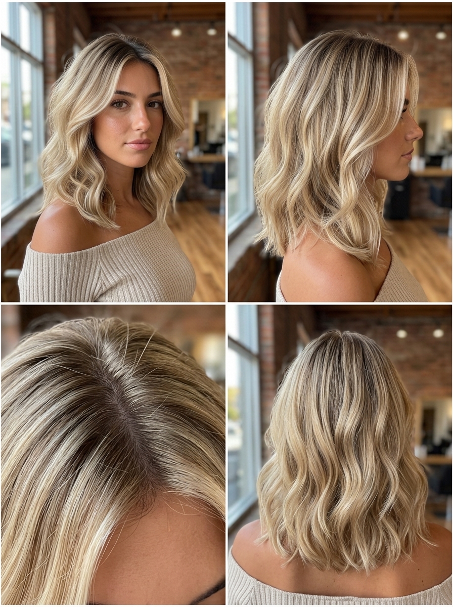 long champagne blonde shadow root with babylights and soft root blend for summer vacation