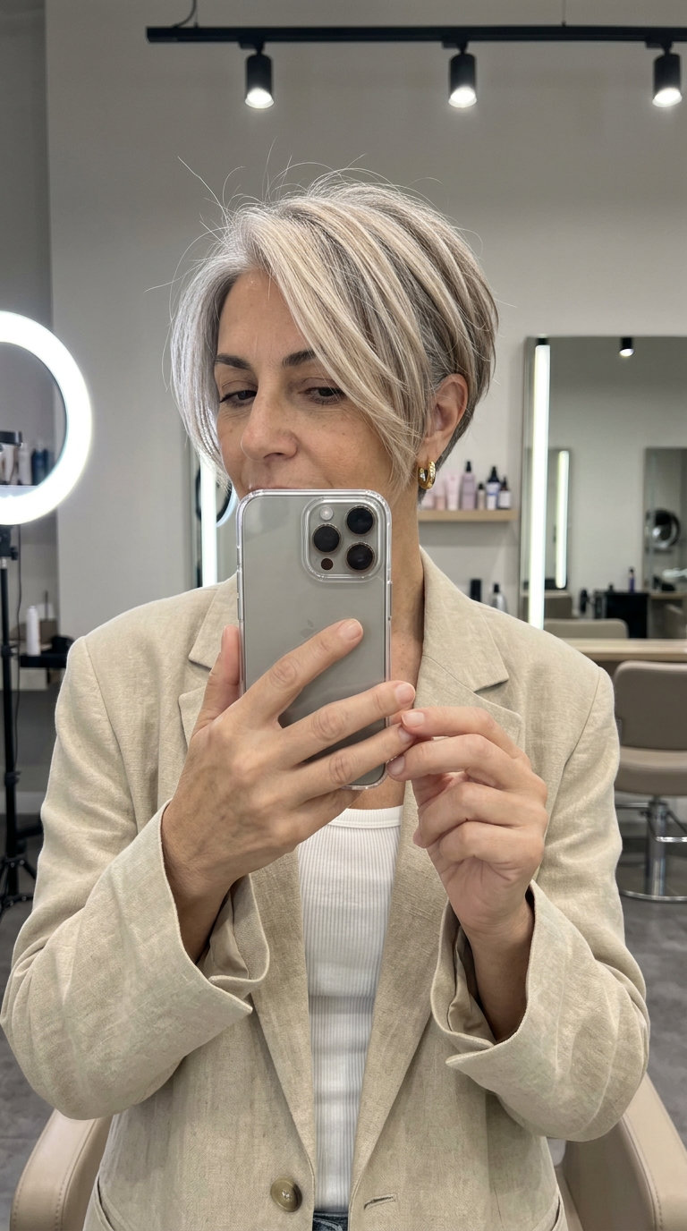 short champagne bixie haircut with sandy brown base and beige blonde highlights, side-swept fringe — playful summer look