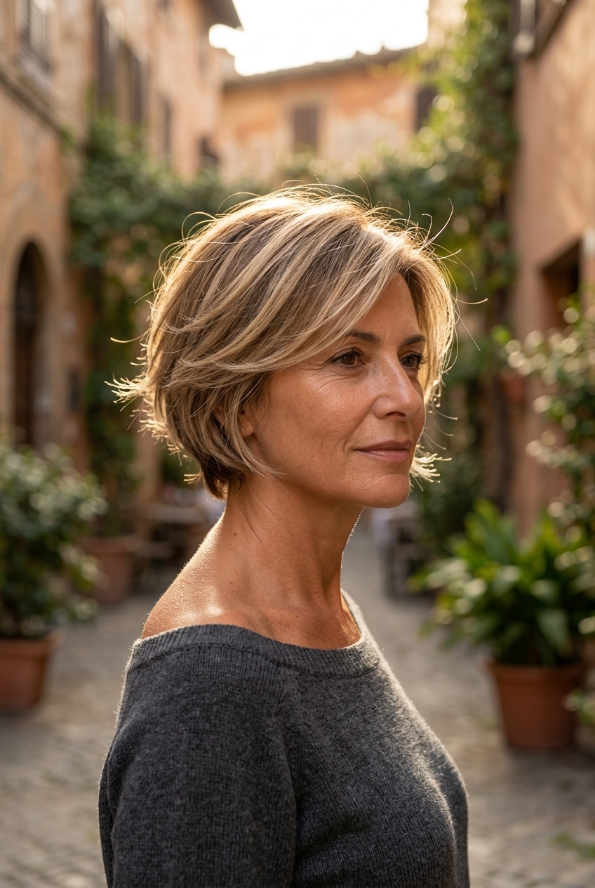 short champagne bixie haircut with sandy brown base and beige blonde highlights, wispy perimeter — playful summer look