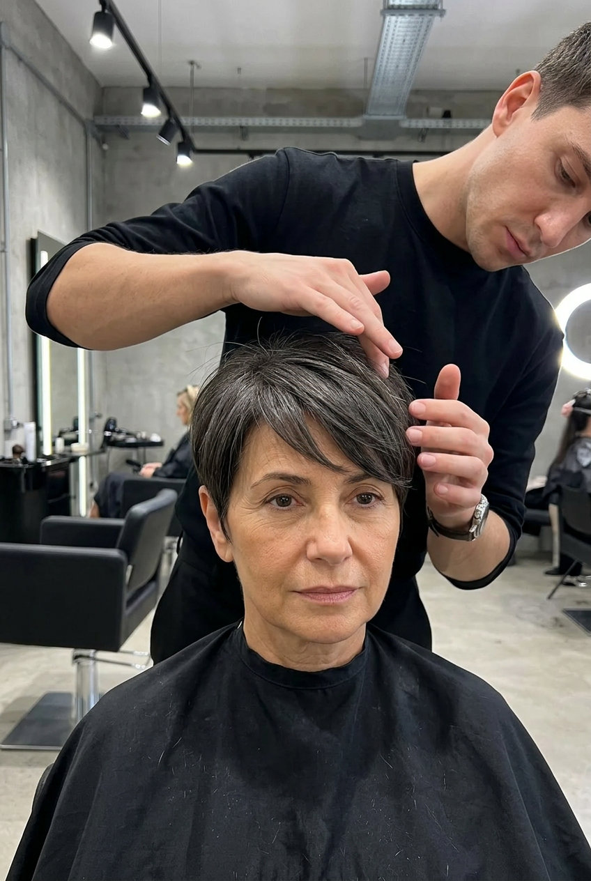 very short pixie haircut with deep charcoal brown and side-swept fringe for confident look