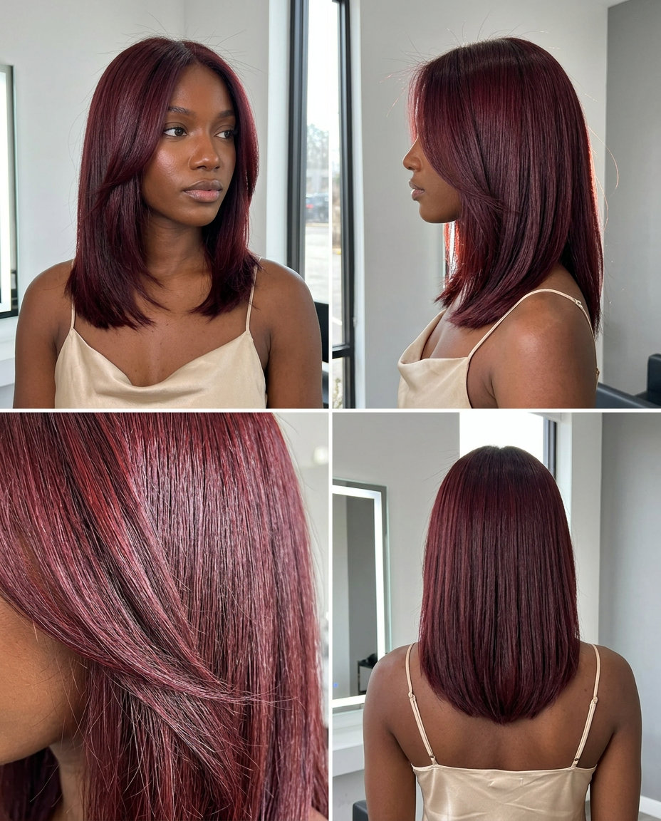 long cherry cola red haircut with violet undertones and high shine for glam
