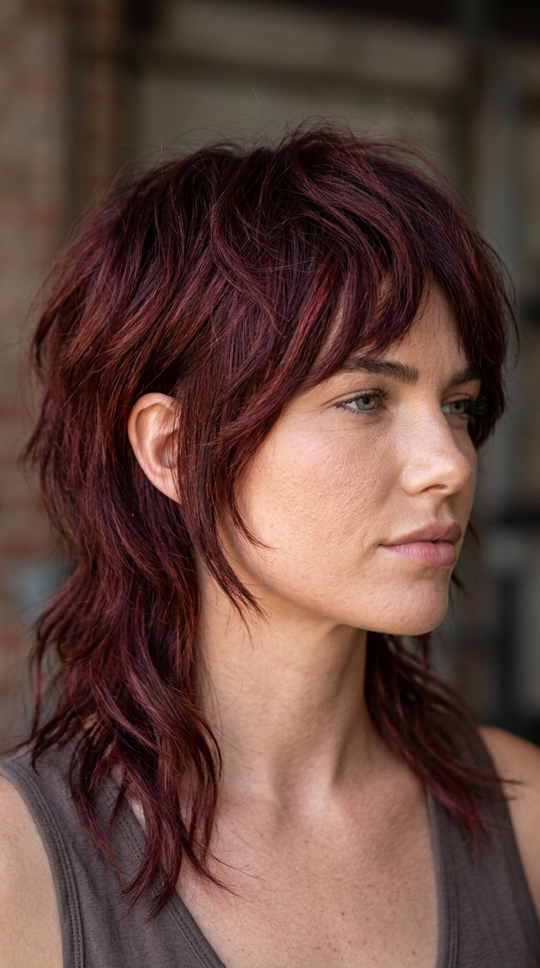 Cherry Cola Mullet 2026 medium choppy summer modern mullet haircut 2026 with deep cherry cola, dimensional layering, face-framing pieces — edgy & playful