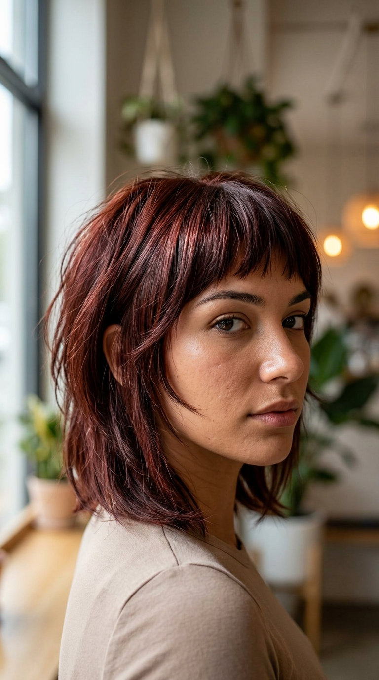 Cherry Cola Mullet 2026: Rich & Edgy medium choppy mullet in cherry cola red, shattered layers, soft fringe — romantic date night style