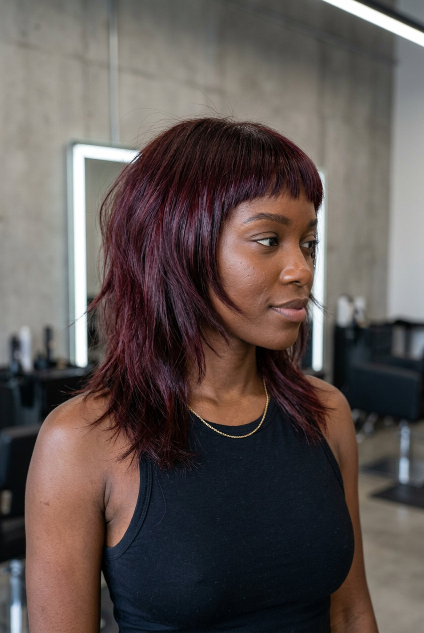 medium shag haircut in cherry cola with micro bangs and razored layers