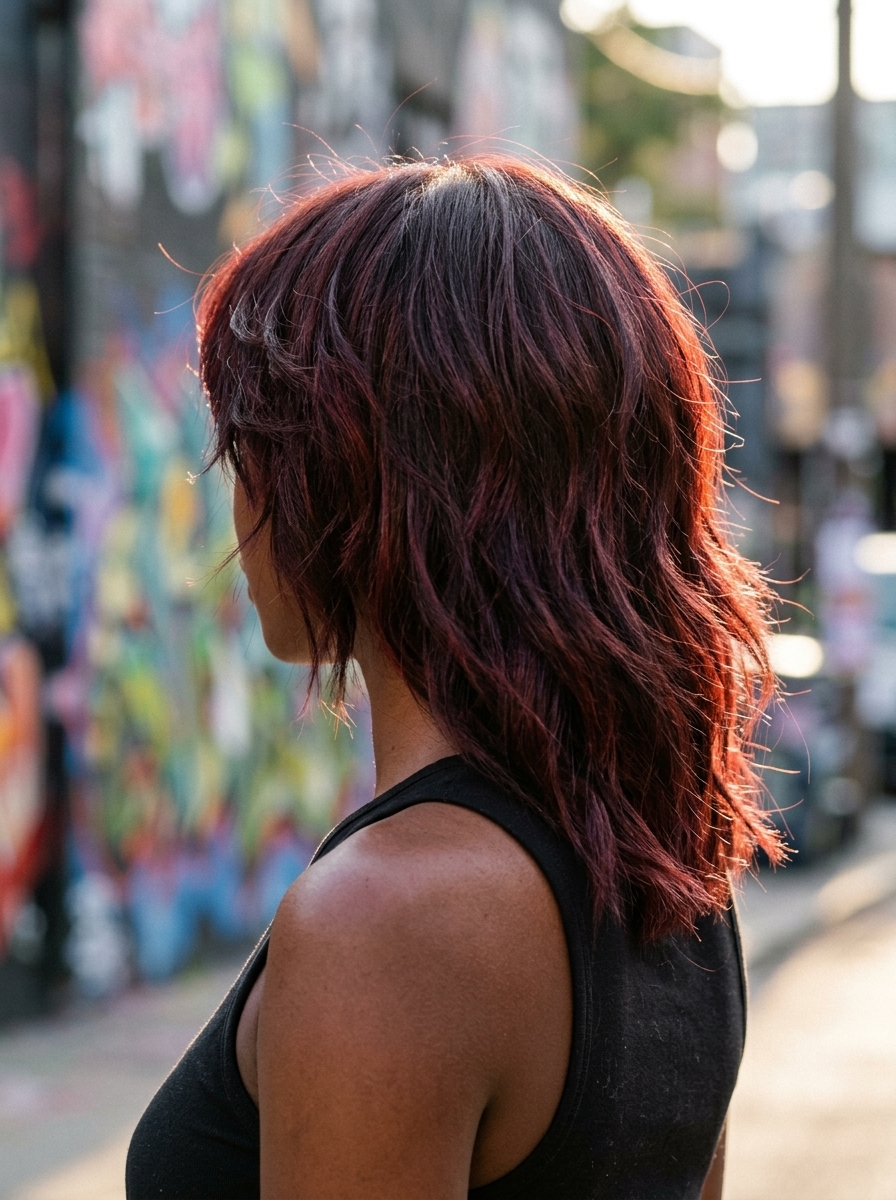Collarbone-length shag haircut in cherry cola with red/violet reflections, choppy layers, bottleneck bangs — edgy effortless