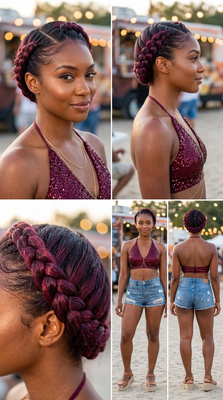 Bold Cherry Cola Crown Braid 2026 long cherry cola red crown braid with dark roots and purple undertones for glamorous