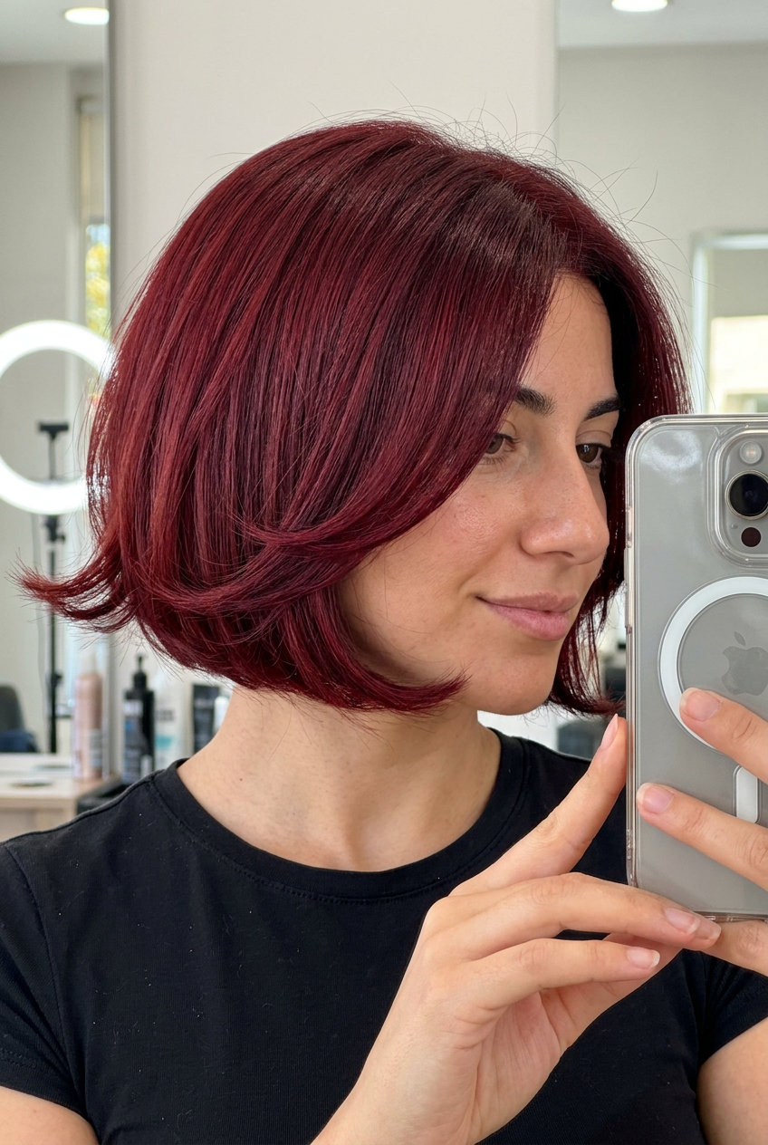 short french bob haircut in deep cherry cola red, soft graduated layers, face-framing layers — vibrant casual outing