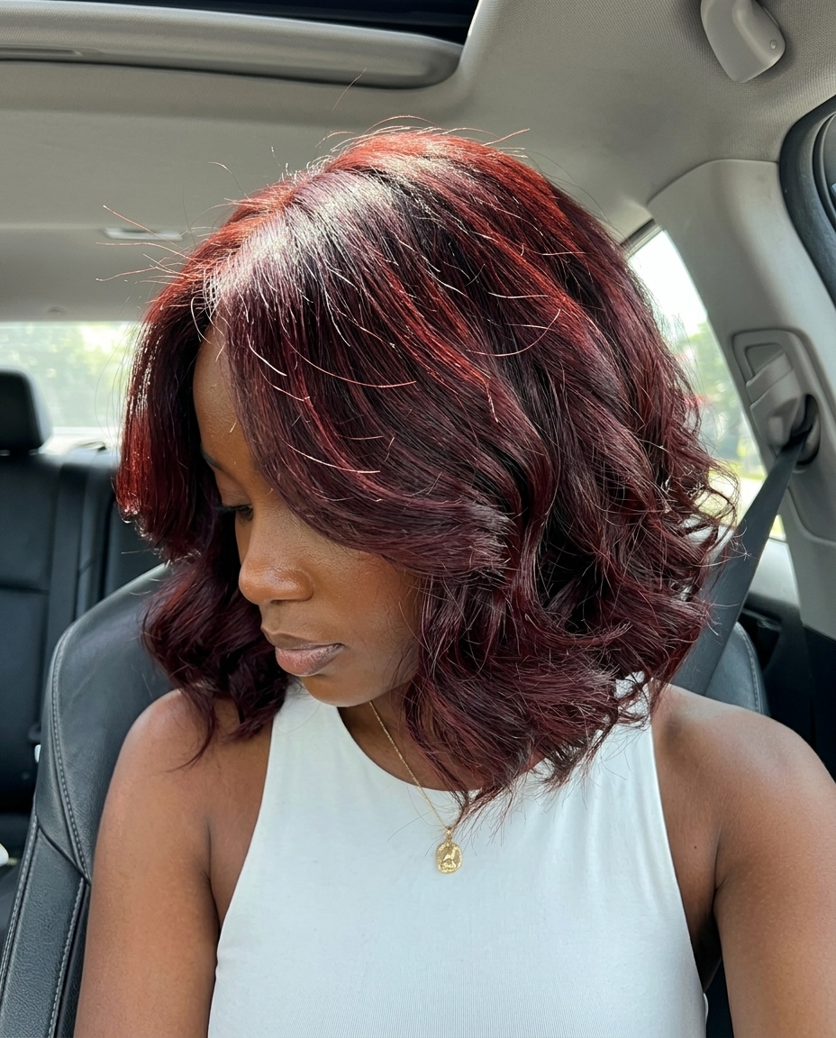 short baroque bob haircut in cherry cola red-violet brunette with structured curls and deep side part for formal event