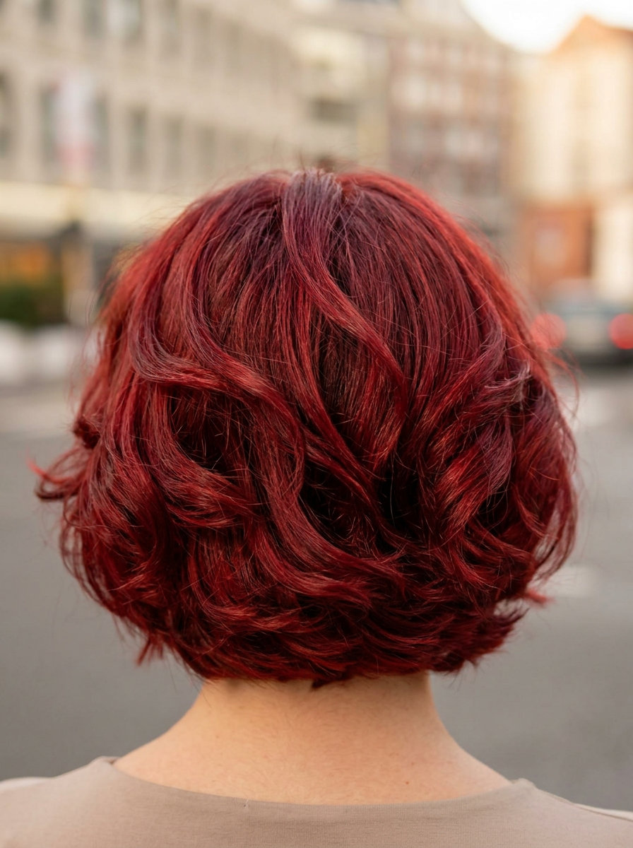 short bixie haircut in cherry cola red with espresso lowlights, voluminous layers and side-swept bangs for date night
