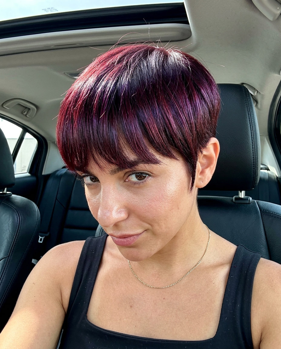 short clippercut crop in deep cherry cola red with violet reflections, micro-fringe, sleek finish — bold date night look