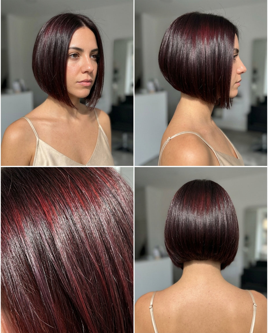 short sharp crop haircut in deep cherry cola red with violet undertones, sleek finish, no fringe — bold evening look