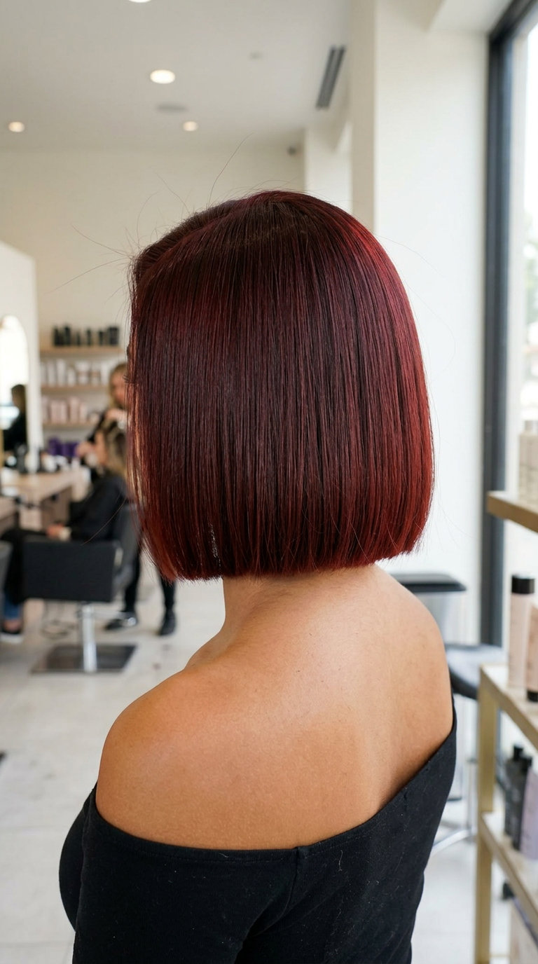 short french bob in cherry cola red with blunt cut — bold, playful