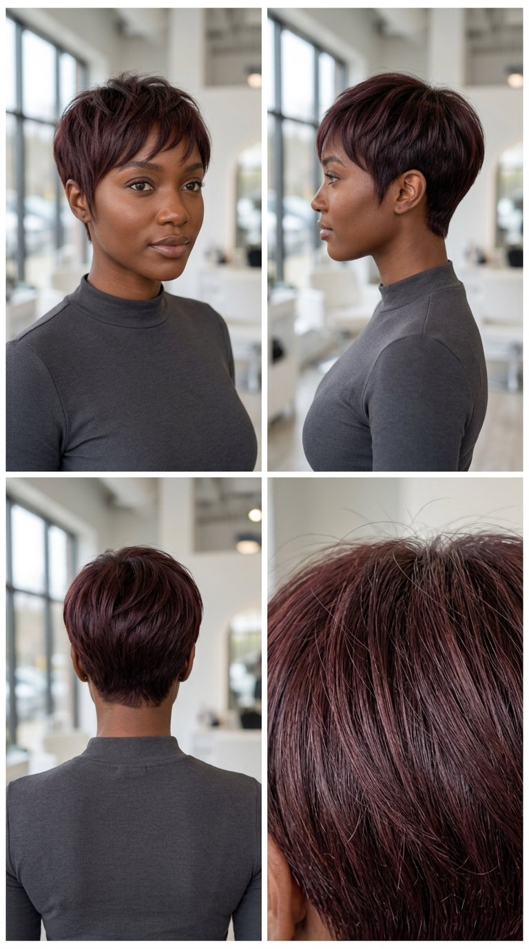 very short pixie haircut in Cherry Cola with textured layers and wispy fringe for natural texture