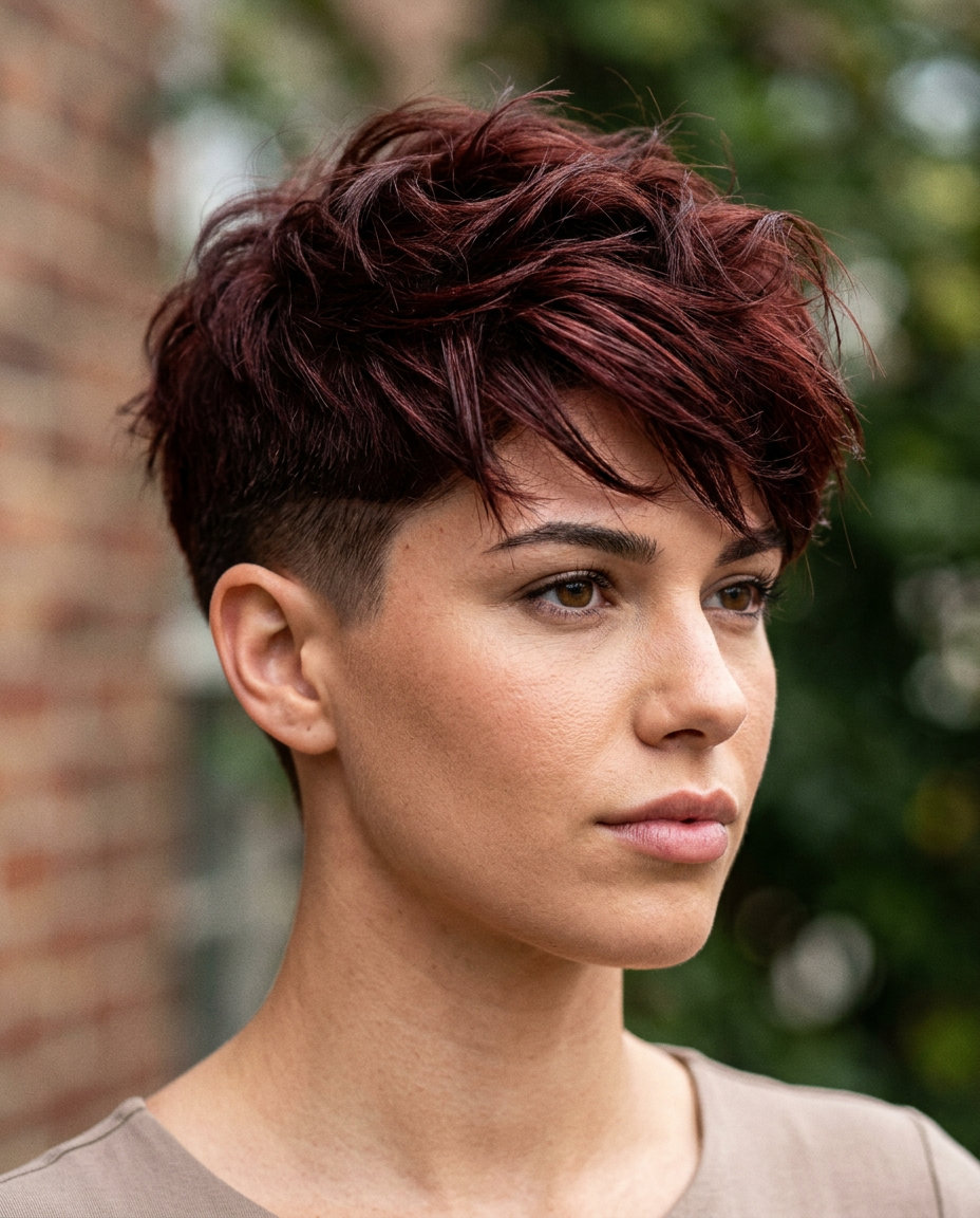 very short pixie haircut in cherry cola with undercut and textured top for bold nights out