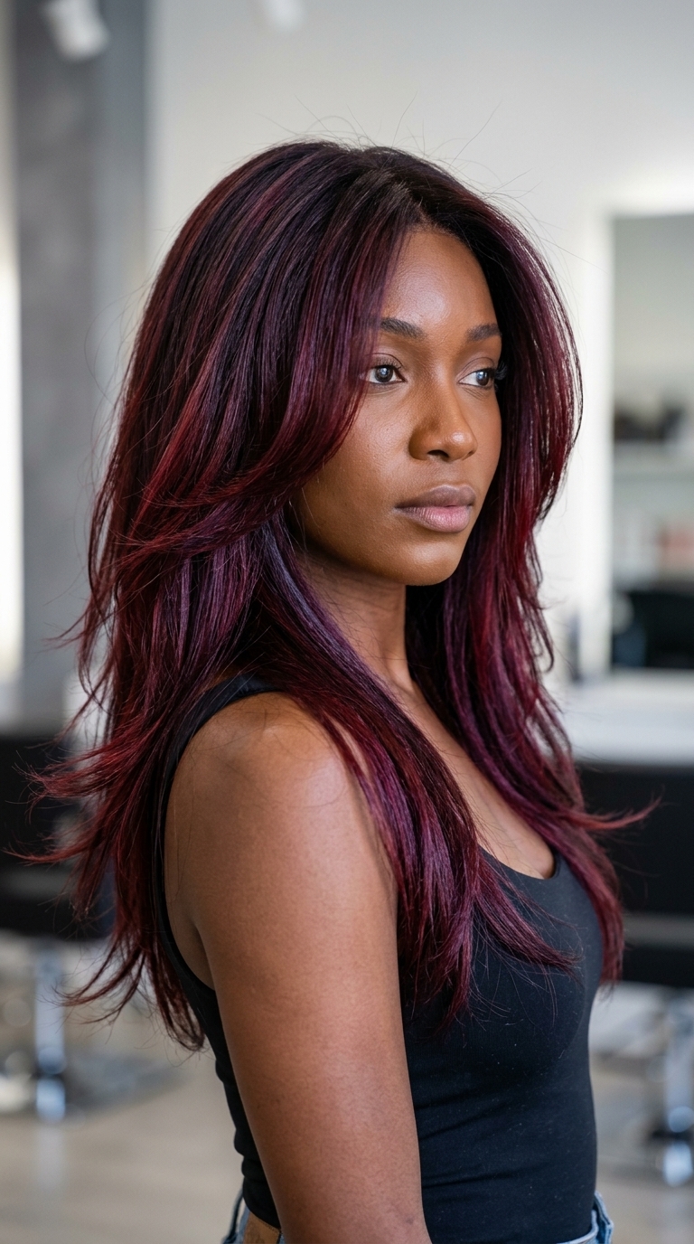 long cherry red layered haircut with violet reflections and curtain bangs for edgy style