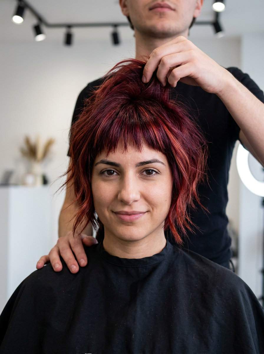 short bixie haircut in cherry cola red with copper highlights, razored ends for edgy look
