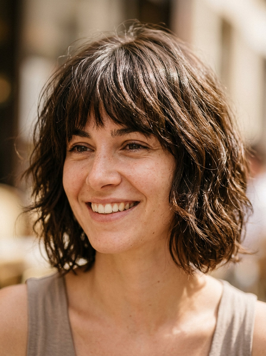 jaw-length shag bob haircut in warm chestnut with caramel babylights, disconnected layers, brow-skimming fringe — playful boho style