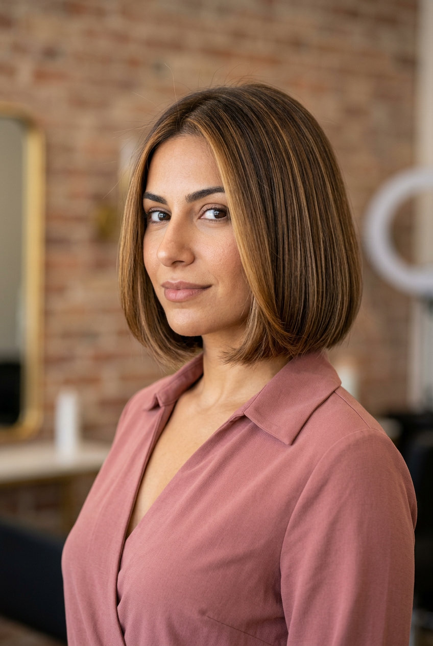 chin-length Italian bob with warm chocolate brown and gold-copper babylights — chic