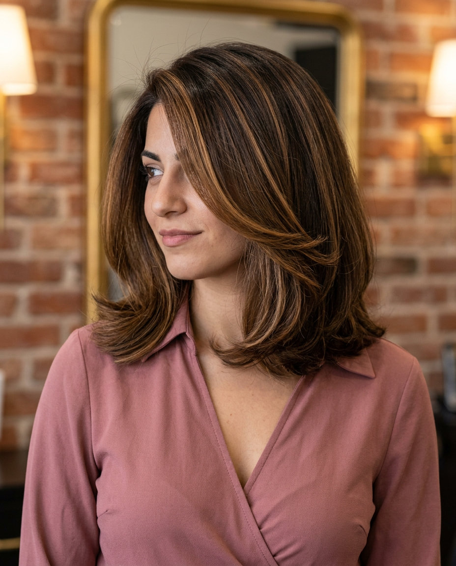 medium lob haircut with chocolate brown, caramel balayage, deep side part — glamorous romantic style