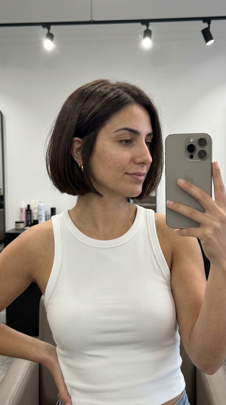short chocolate brown bixie haircut with cool espresso undertones and blunt cut for sophistication
