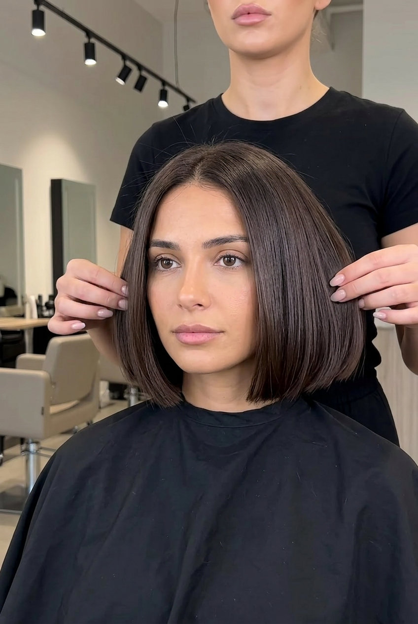 short french bob haircut in deep chocolate brown, sleek blunt cut, no fringe — sophisticated formal event