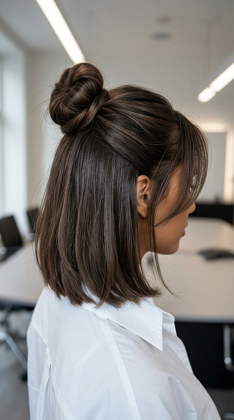 shoulder-length bob haircut with deep chocolate brown, cool mocha, subtle caramel, internal layers and blunt perimeter for chic look