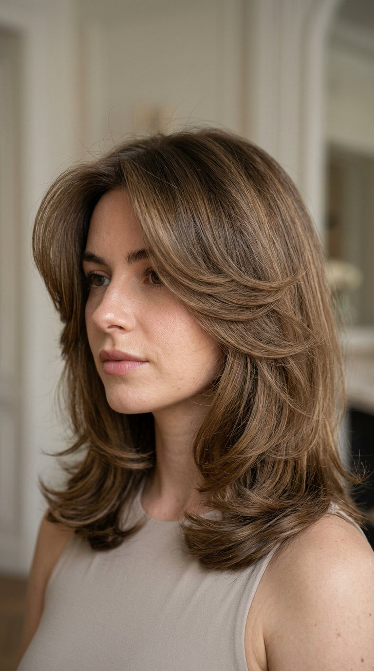 shoulder-length layered butterfly haircut in rich chocolate brunette for formal events