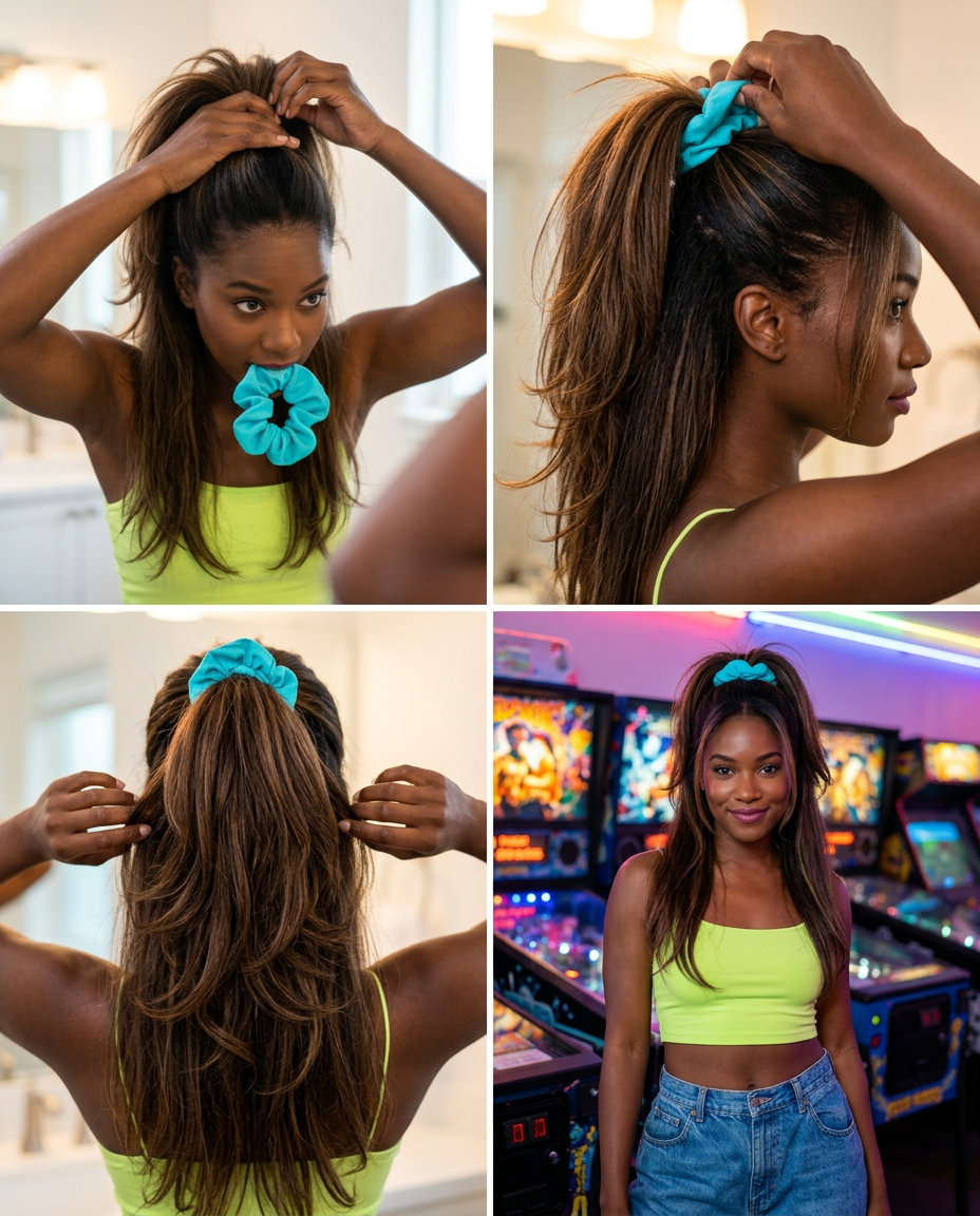 long layered chocolate brunette half up half down with caramel lowlights, face-framing layers, soft waves — retro casual outing
