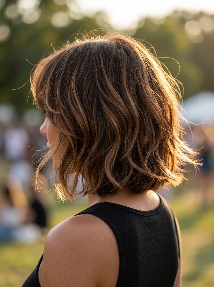 chin-length shag bob haircut in warm chocolate with caramel balayage, choppy layers, brow-skimming fringe — boho festival style