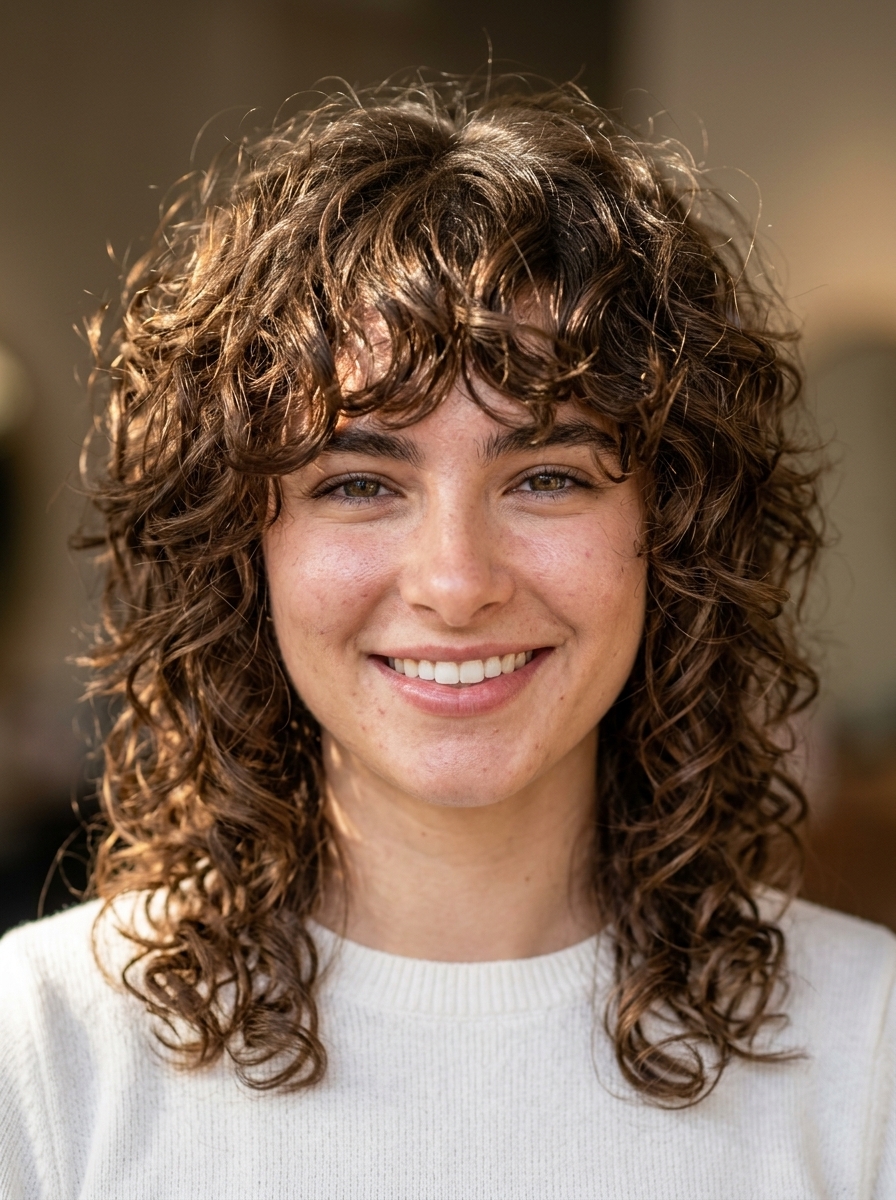 Curly Mullet 2026: Chocolate Caramel Dimension long choppy mullet for curls with chocolate caramel balayage, internal layering, disconnected ends — bold textured look